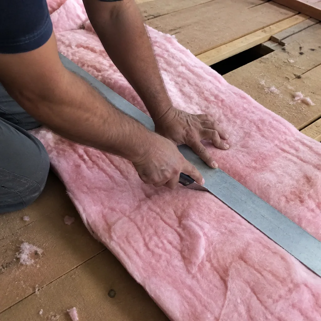 Professional cutting pink fiberglass attic insulation with a utility knife
