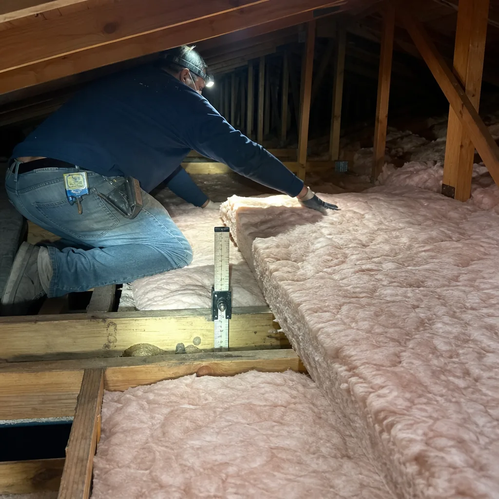 Contractor installing fiberglass insulation batts in an attic