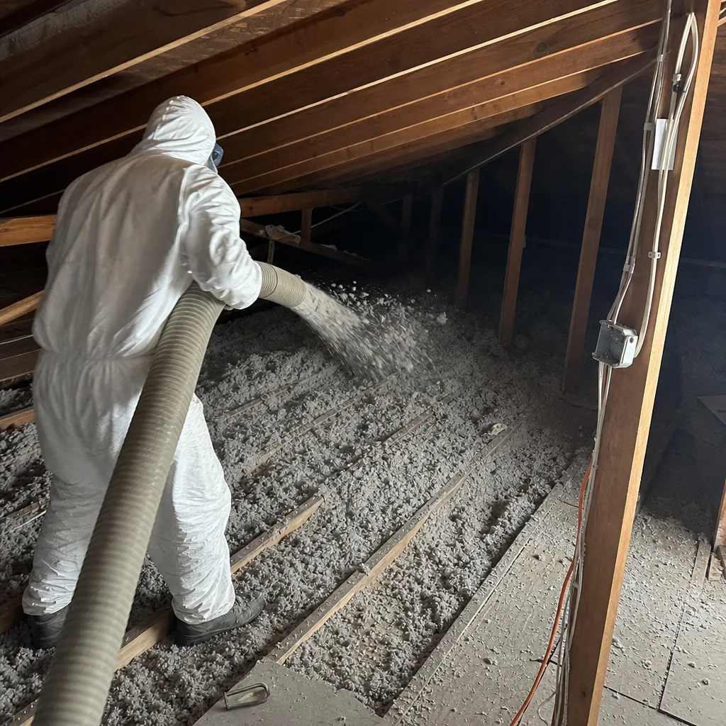 Technician spraying blown-in insulation into residential attic
