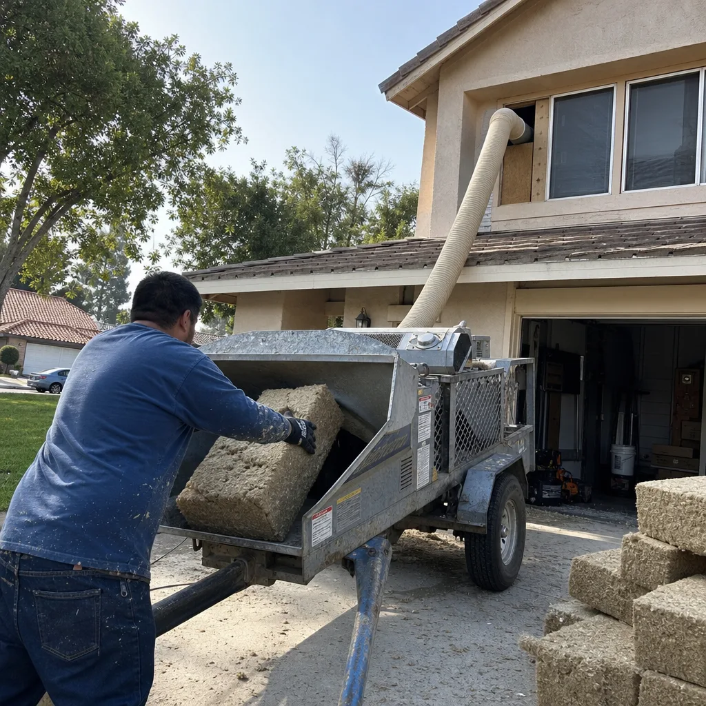 Worker using professional equipment to install blown-in insulation in a home
