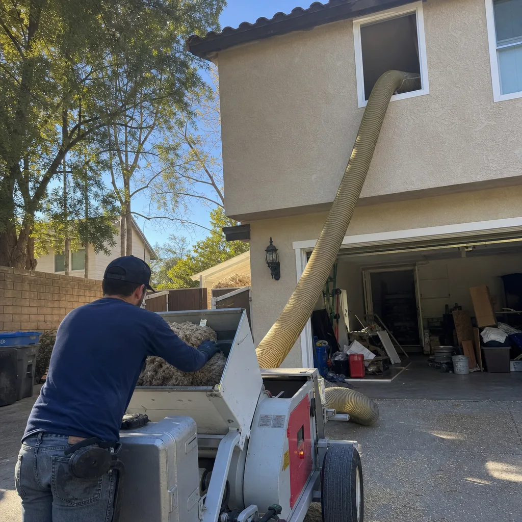Technician using professional machine for blown-in attic insulation service