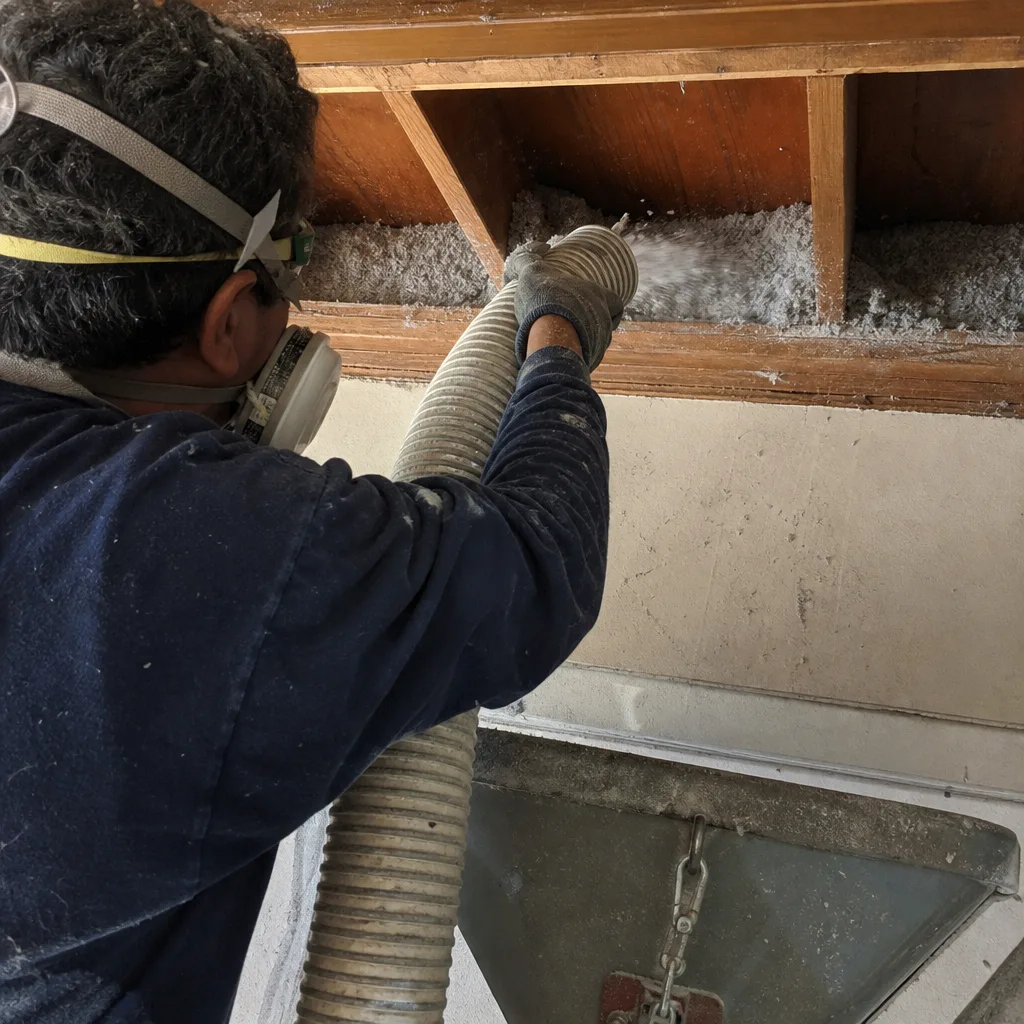 Technician installing blown-in insulation into home ceiling cavity