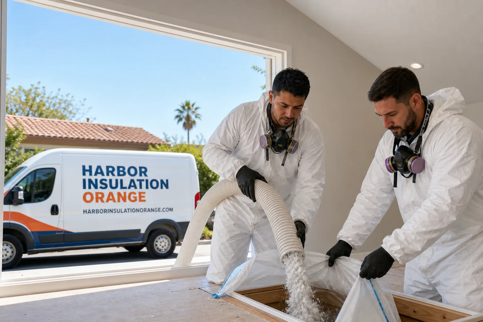 Harbor Insulation Orange service vehicle and crew in Orange, CA