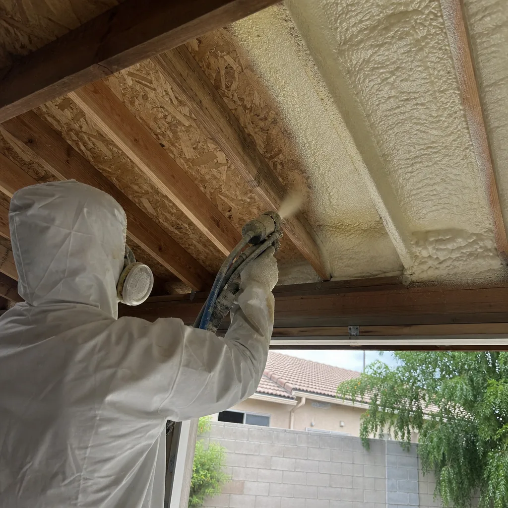 Professional contractor applying spray foam insulation to a residential ceiling.