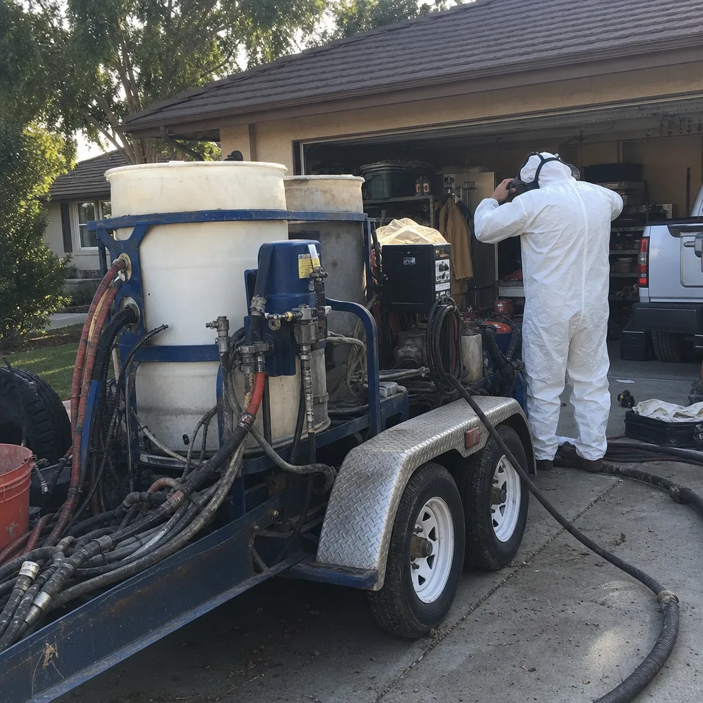 Technician in protective suit operating a professional spray foam insulation rig