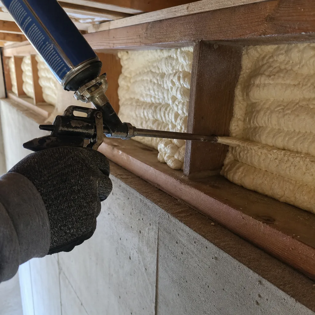 Worker applying professional spray foam insulation to basement rim joists